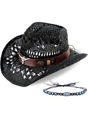 Men's Black Pull-On Straw Two Decorative Band Cowboy Cowgirl Hat